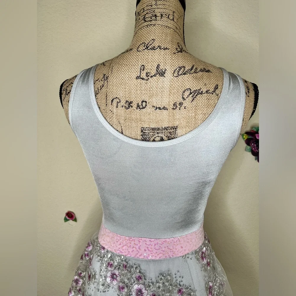Curtain Call Silver/Gray with Floral Embroidery with Sheer Overskirt Sz Child L